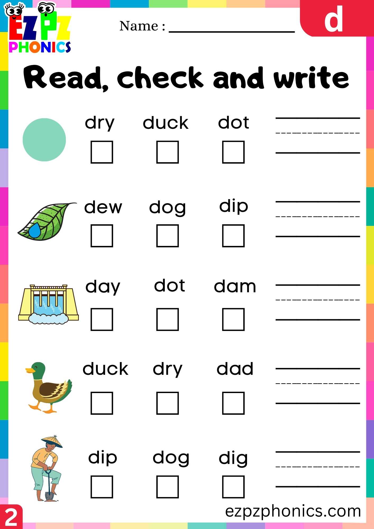 Group2 Letter D Read, Check And Write Beginning Sounds Worksheet